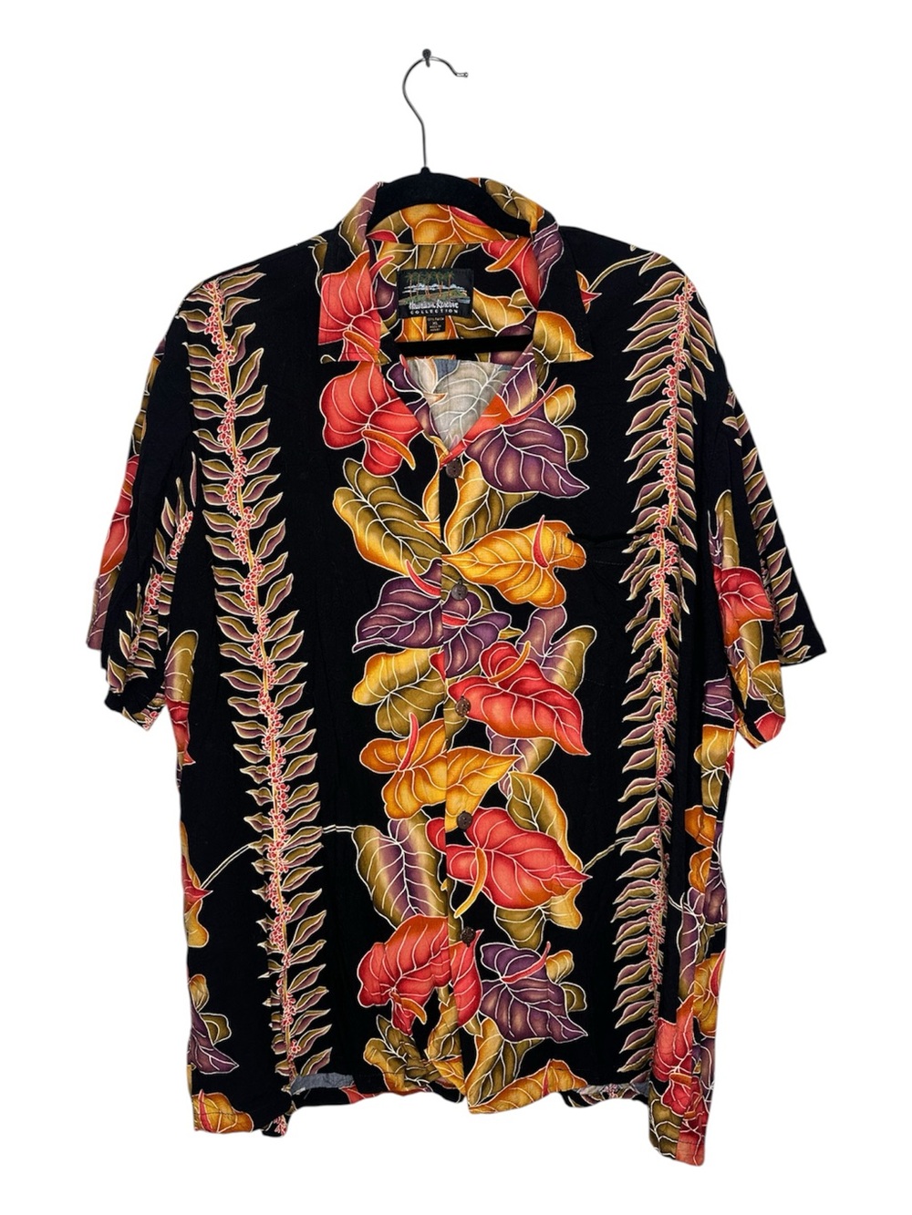 Vintage 80s Hawaiian Paradise Collection Black Button Up Shirt w  Tropical